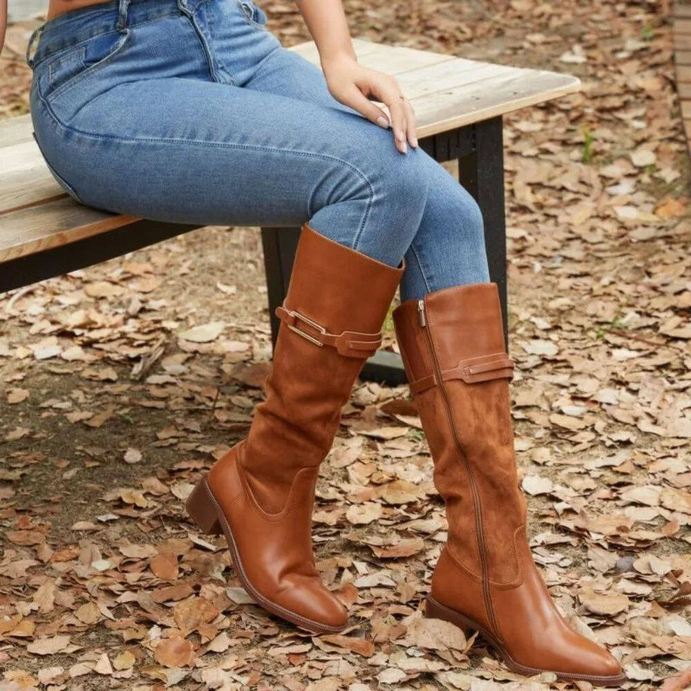 Women's Brown Round Toe Chunky Block Heel Zipper Buckle Riding Knee High Boots